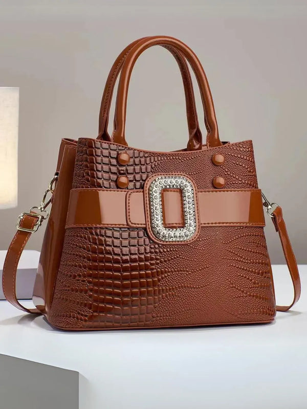 Bolsa Feminina de Ombro em Couro Brilhante com Textura Crocodilo - Tereza