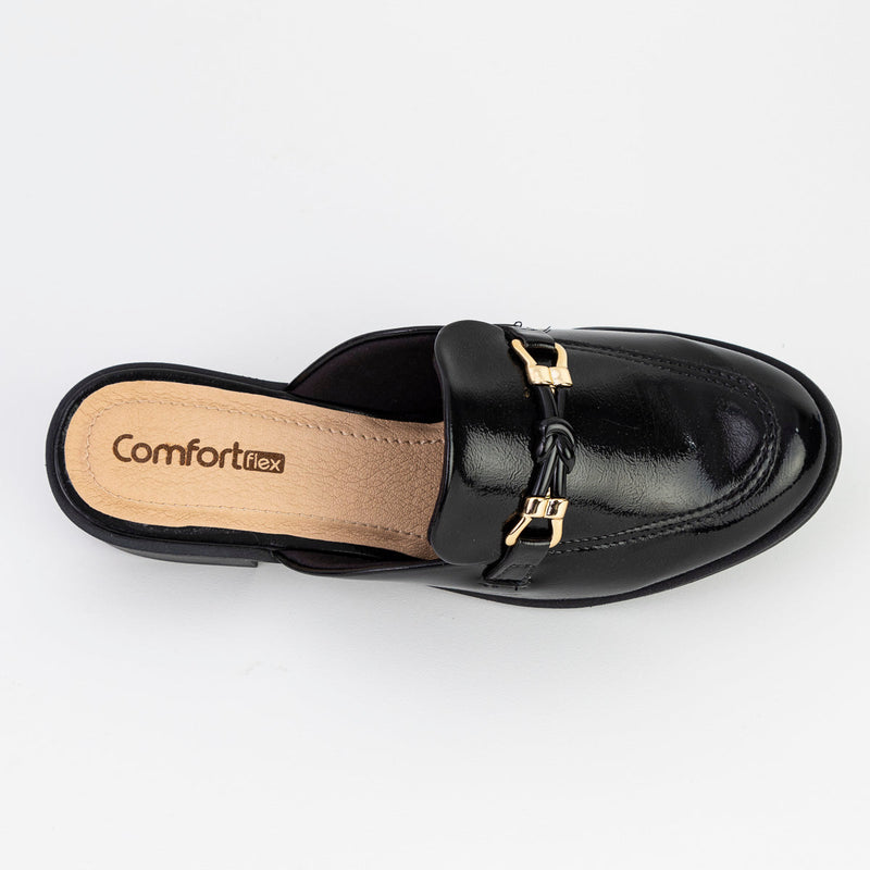 Mule Feminino Salto Baixo Preto Brilhante - Comfortflex