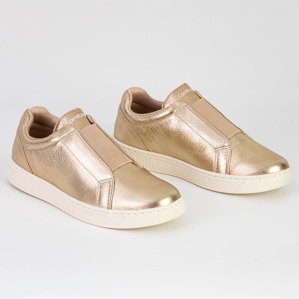 Tênis Feminino Dourado SlipOn em Couro Legítimo - Comfortflex