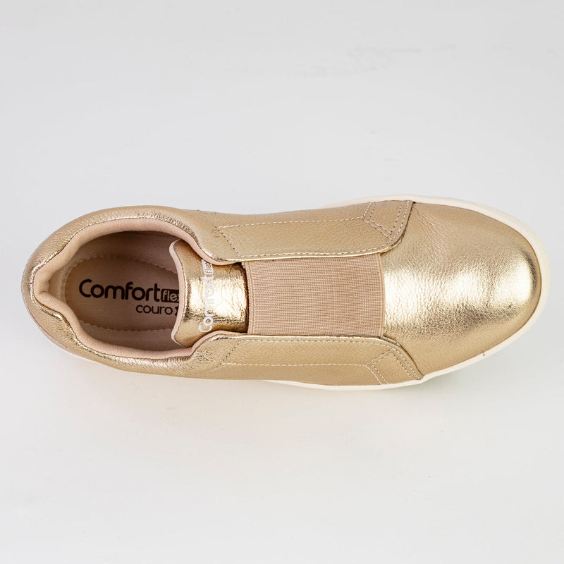 Tênis Feminino Dourado SlipOn em Couro Legítimo - Comfortflex