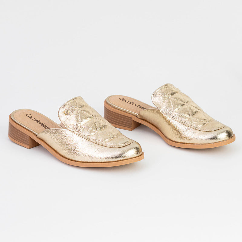 Mule Feminino Salto Baixo Dourado - Comfortflex