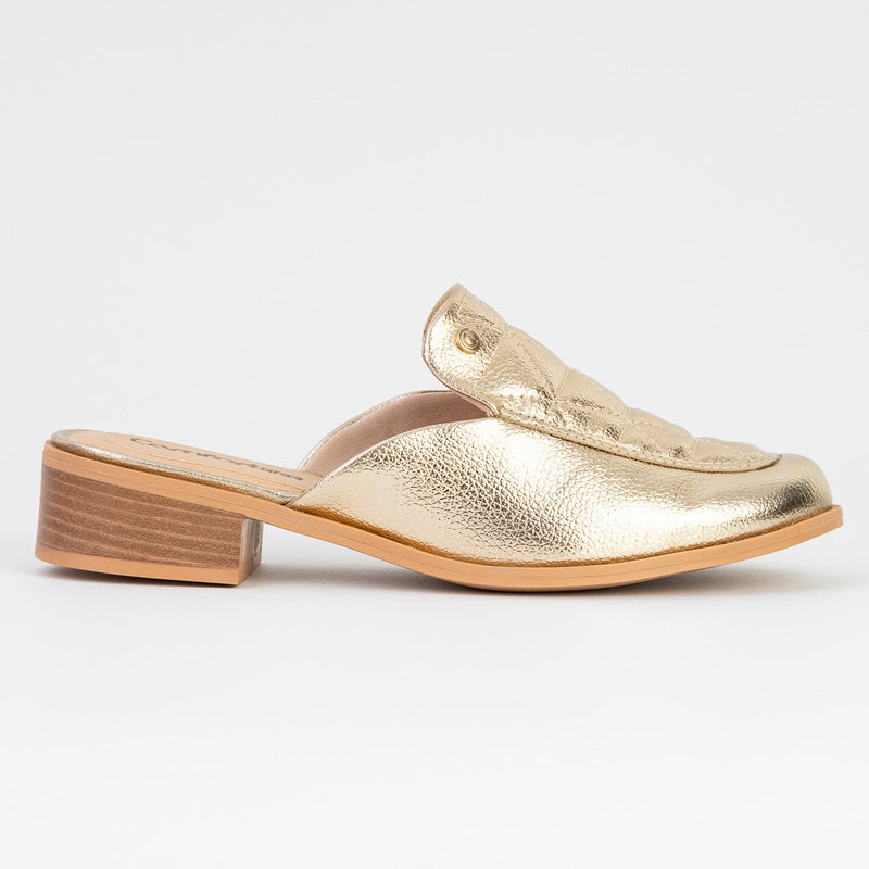 Mule Feminino Salto Baixo Dourado - Comfortflex