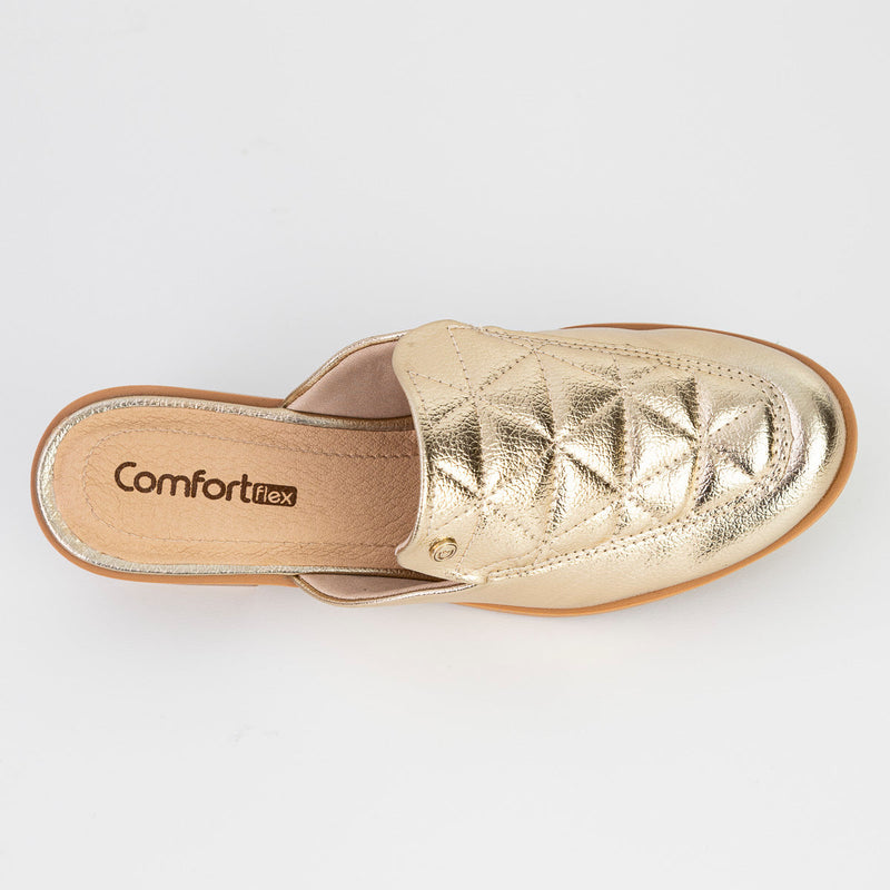 Mule Feminino Salto Baixo Dourado - Comfortflex