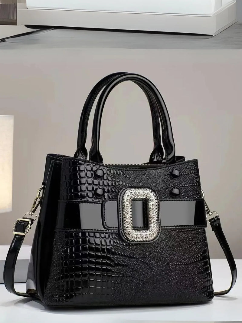 Bolsa Feminina de Ombro em Couro Brilhante com Textura Crocodilo - Tereza