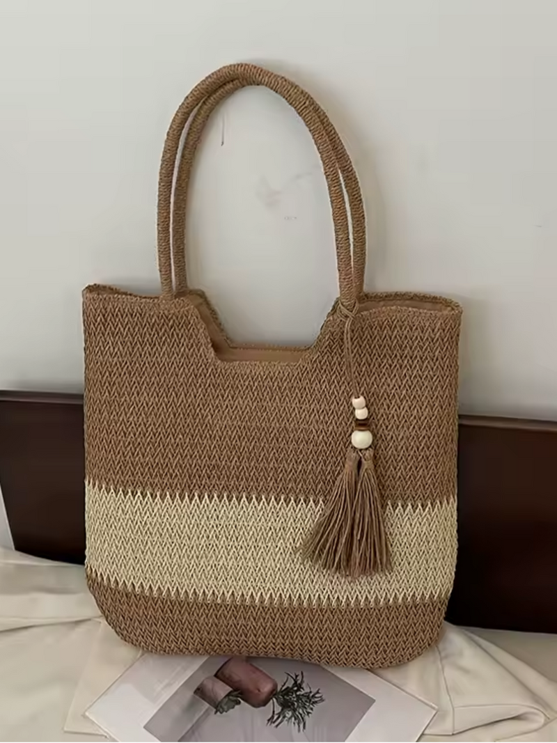 Bolsa Feminina Tote de Palha com Alça de Ombro Trançada  para Praia - Manu