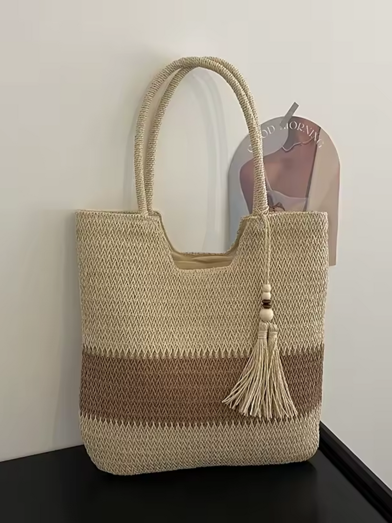 Bolsa Feminina Tote de Palha com Alça de Ombro Trançada  para Praia - Manu