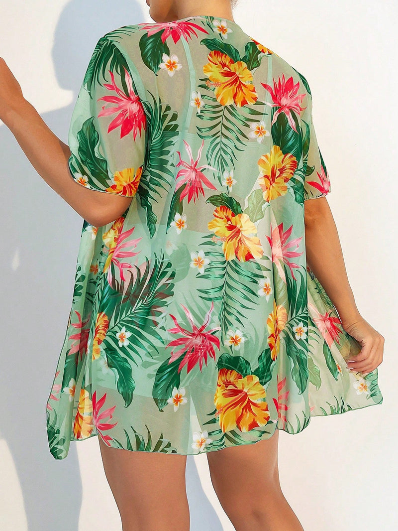 Conjunto de Shorkini Feminino com Saída de Praia Tropicalia.