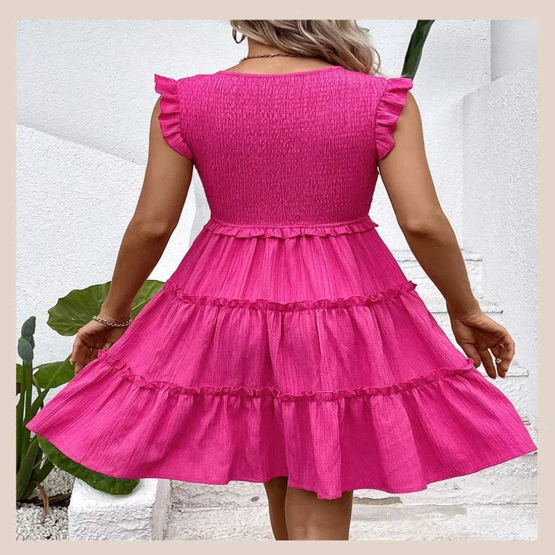 Vestido Feminino Curto Decote em V e Babado Midi