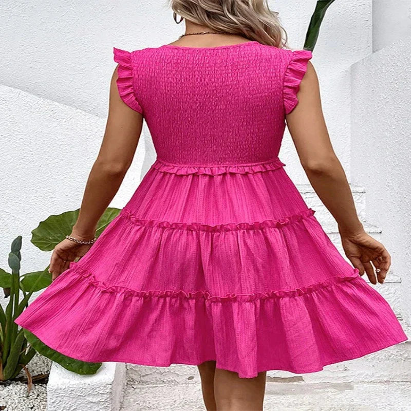 Vestido Feminino Curto Decote em V e Babado Midi