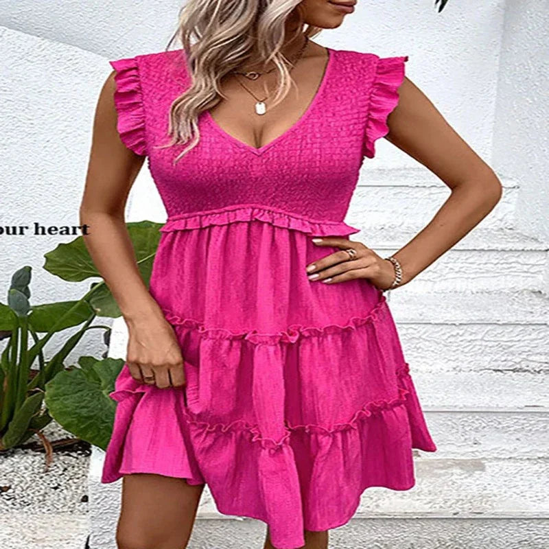 Vestido Feminino Curto Decote em V e Babado Midi