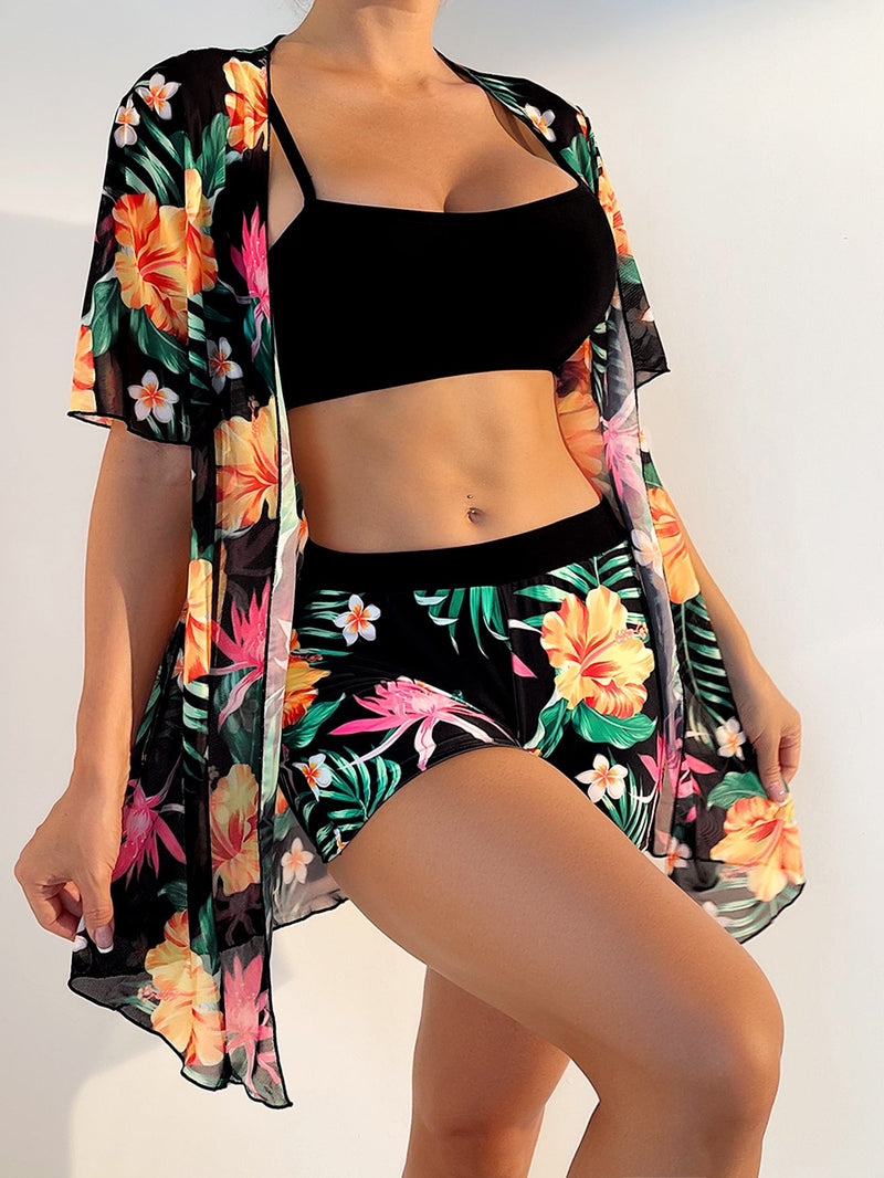 Conjunto de Shorkini Feminino com Saída de Praia Tropicalia.